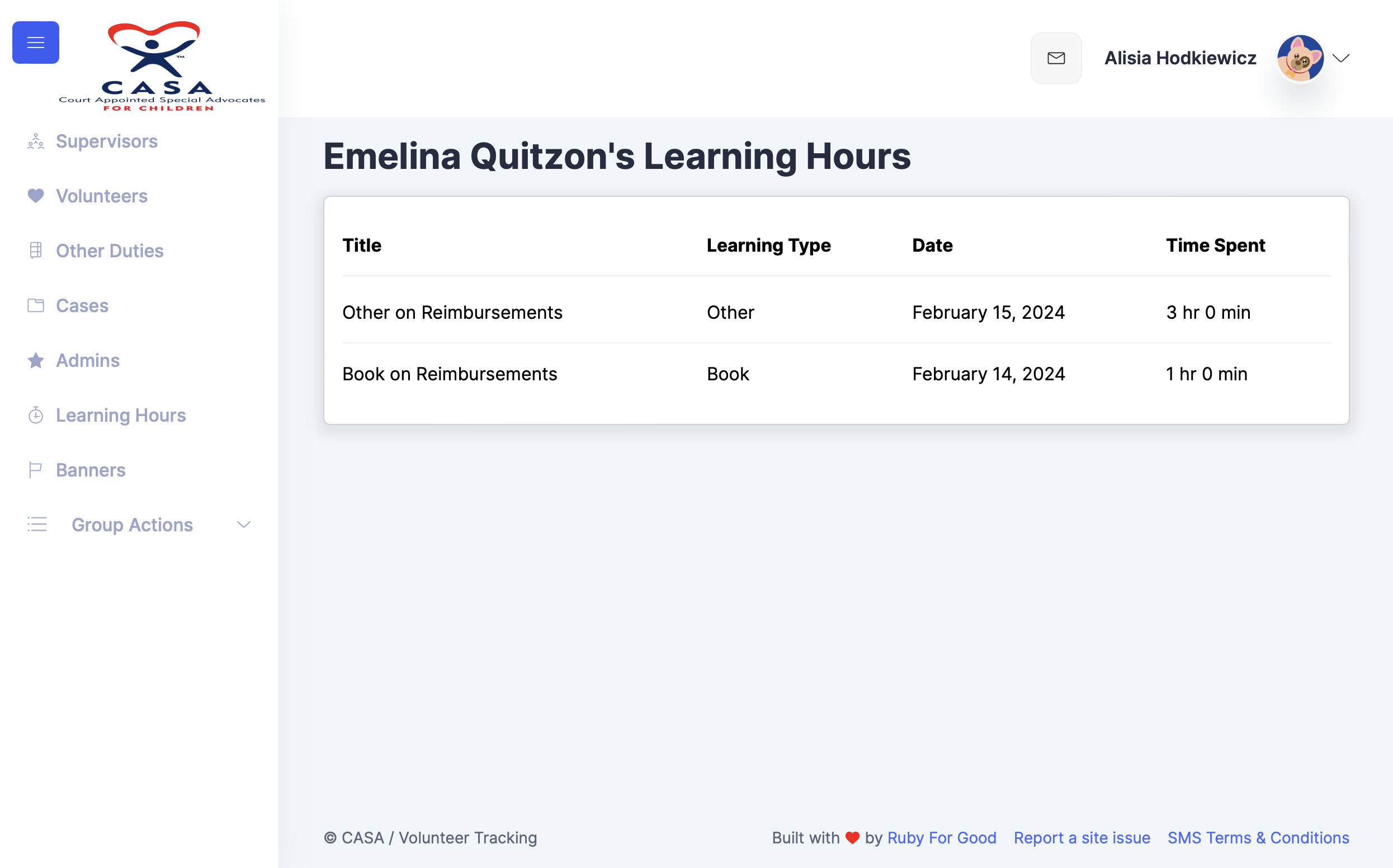 Volunteer's learning hours page I worked on